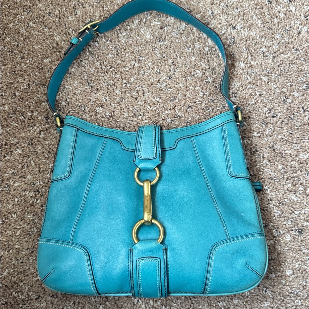 Coach Hamptons Slim Ocean Blue Leather Medium Hobo Shoulder Bag